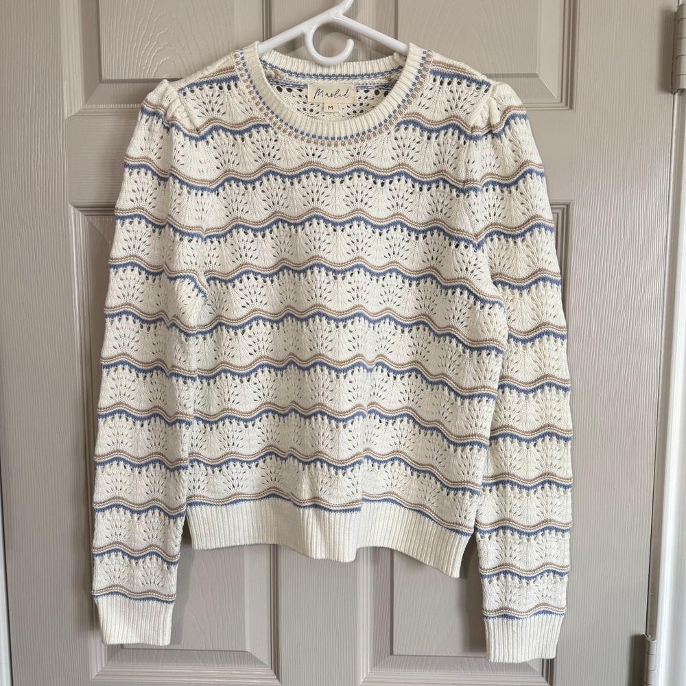 Marled Women Medium Cream Wavy Stripe Pointelle Knit Puff Shoulder Sweater
